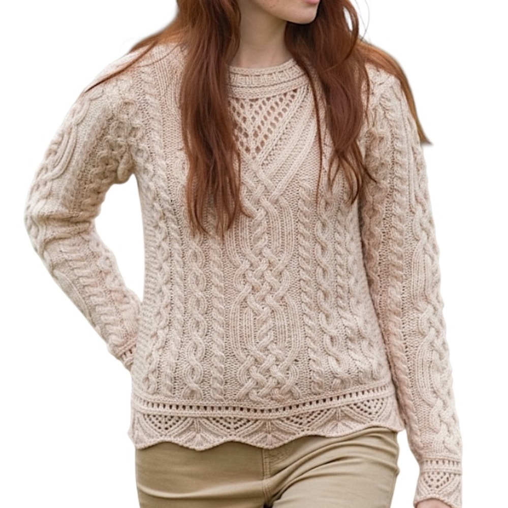 NWT Aran Mor Irish scallop lace stitch oatmeal beige pure merino wool sweater L